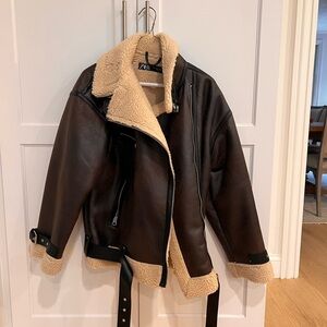 Zara Dark Brown Jacket with Cream Shearling Collar
